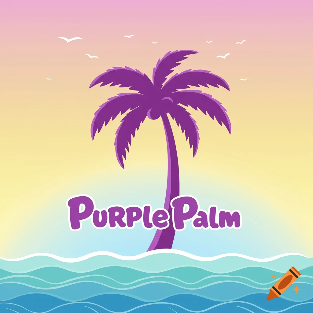 Stylized logo with a purple palm tree and text "Purple Palm" over ocean waves.