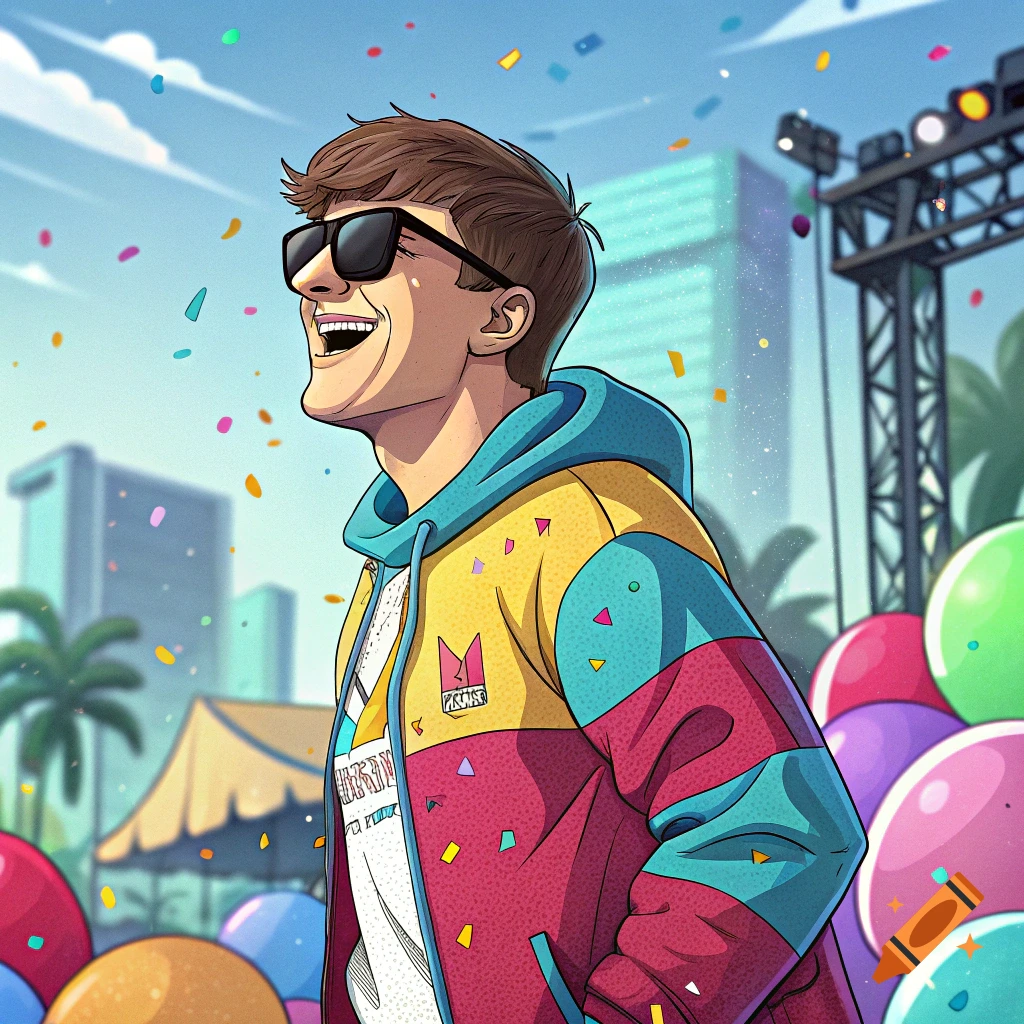 Cartoon man with sunglasses and colorful jacket at an outdoor party with confetti and balloons.