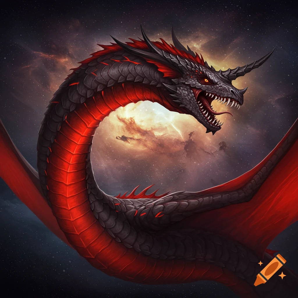 A long-necked black and red dragon with glowing eyes flies through a starry nebula.