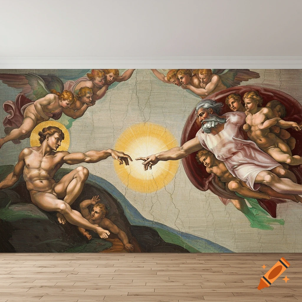 Michelangelo's Creation of Adam fresco on a wall above a wooden floor.