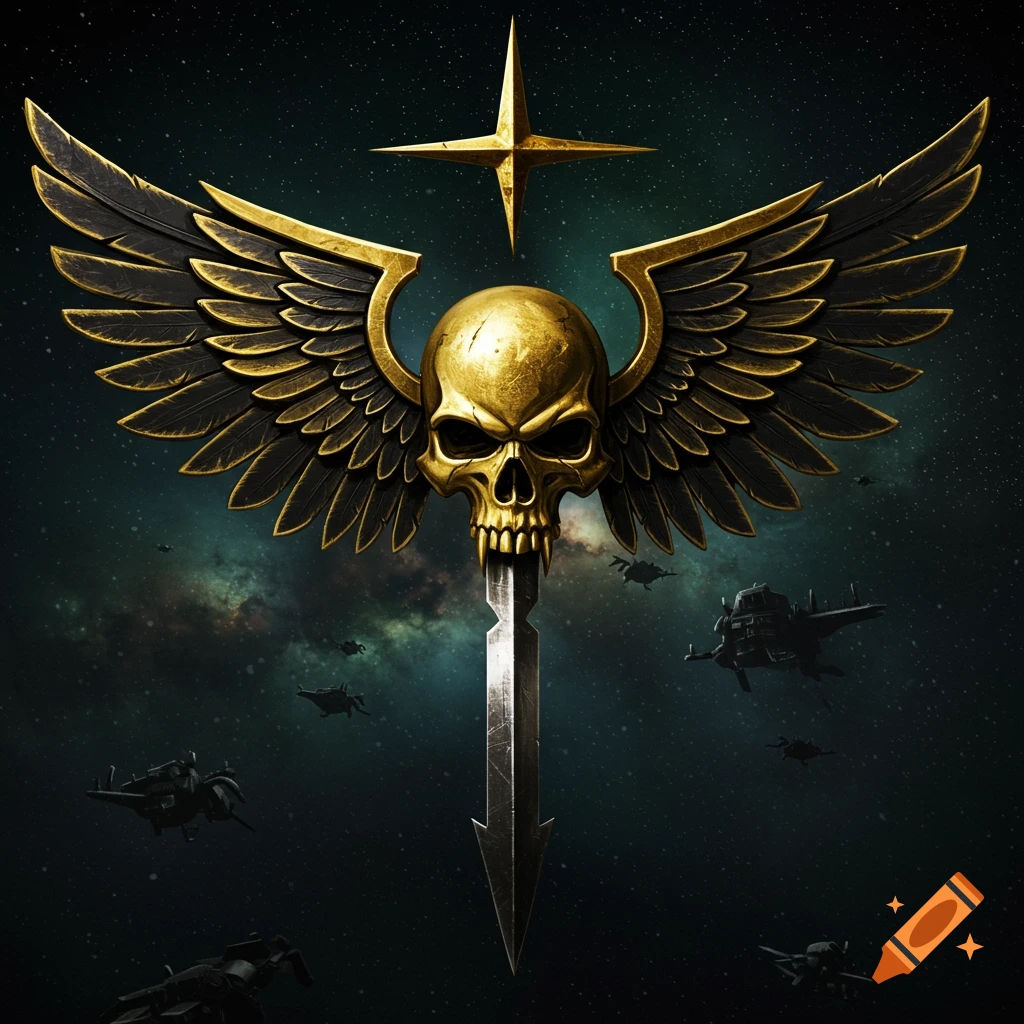 Golden winged skull emblem with a sword in space