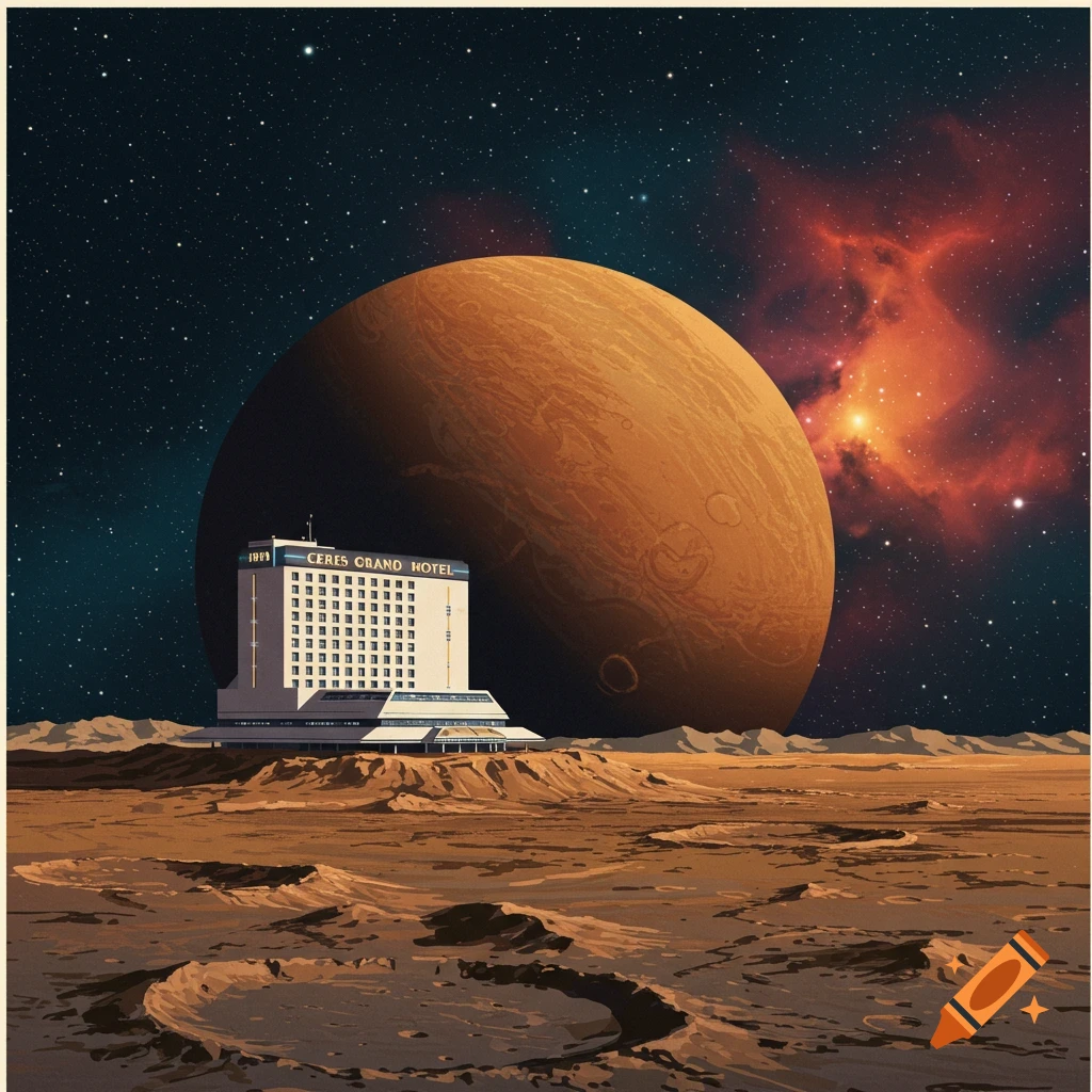 A hotel building on a desolate red planet surface under a starry night sky with a large orange planet and nebula.