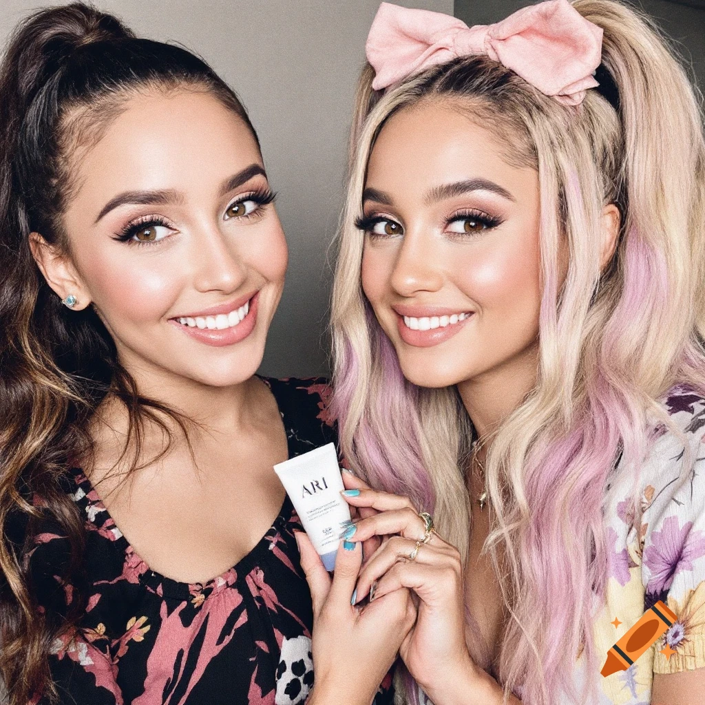 Two women smiling and holding a skincare product tube.