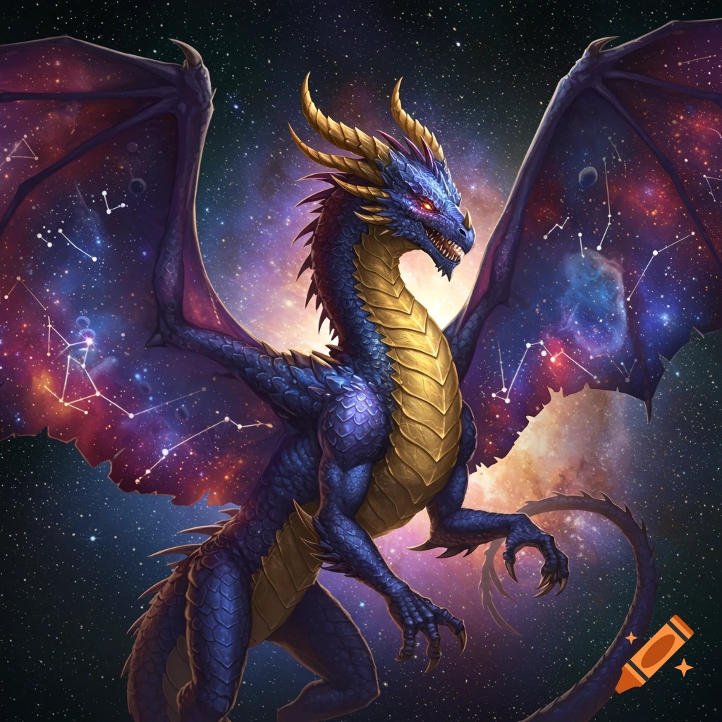 A blue and gold dragon with large, starry wings stands against a backdrop of stars and nebulae.
