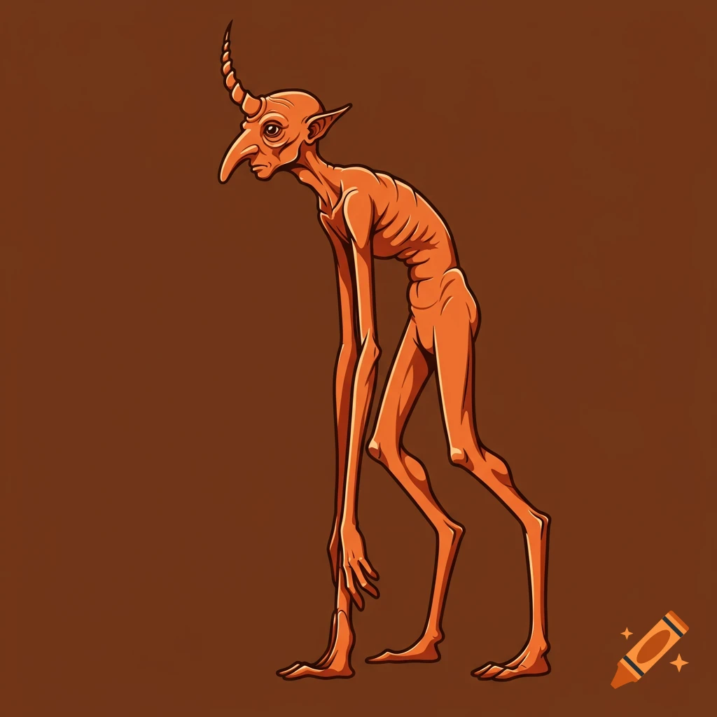 An illustration of a skinny orange creature with a long nose and a single horn, standing against a brown background.