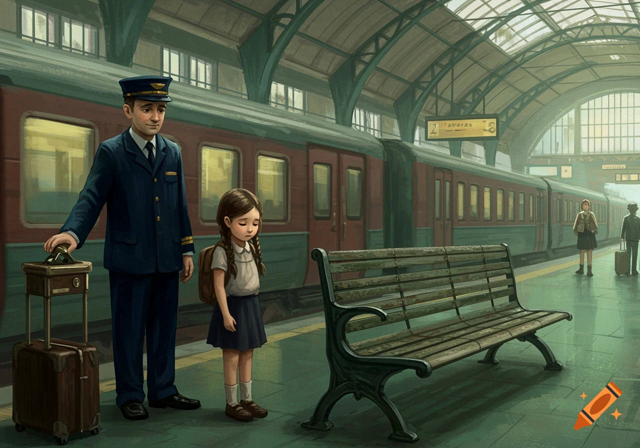 Illustration of a sad girl and a conductor on a train station platform.