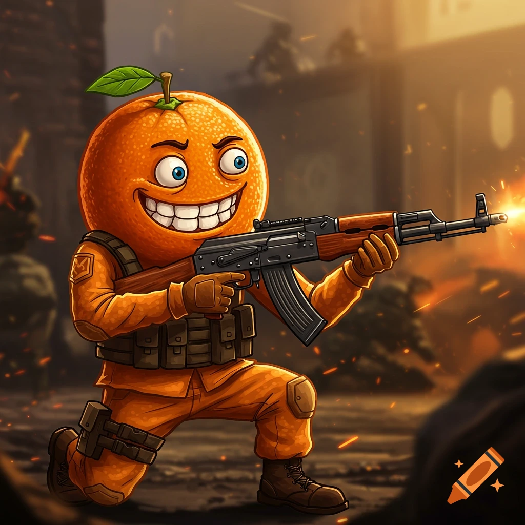 Cartoon orange character in military gear, kneeling and firing a rifle in a combat zone.