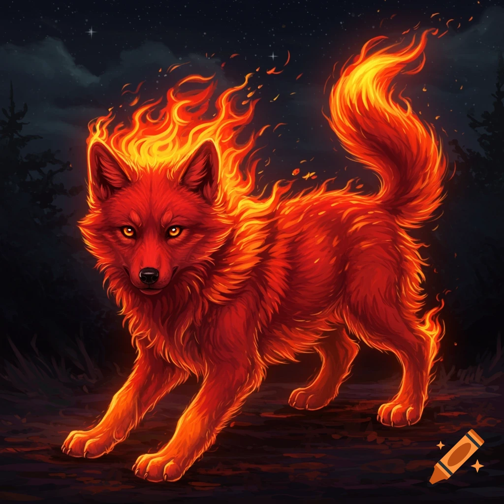 A red wolf made of fire stands in a dark forest at night.