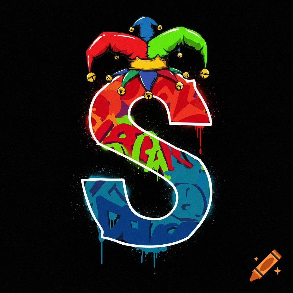 Graffiti-style letter S wearing a colorful jester's hat on a black background.
