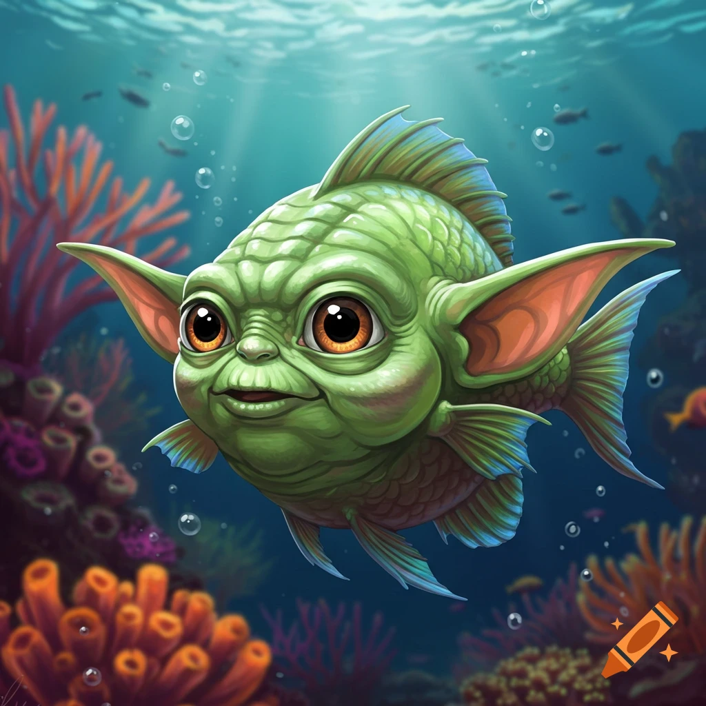 Cartoon illustration of a green fish with Yoda-like ears and face swimming in a colorful coral reef.