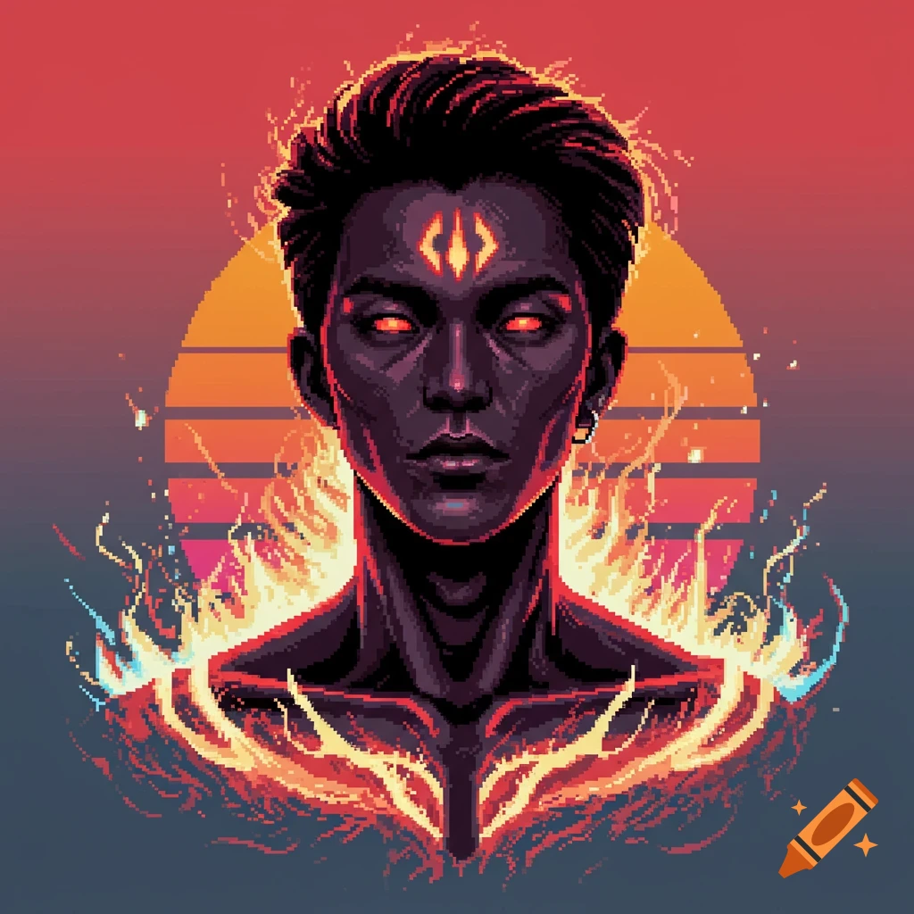 Pixel Art Portrait Of A Person With Glowing Eyes And Fire Aura Against pixel-art-portrait-of-a-person-with-glowing-eyes-and-fire-aura-against