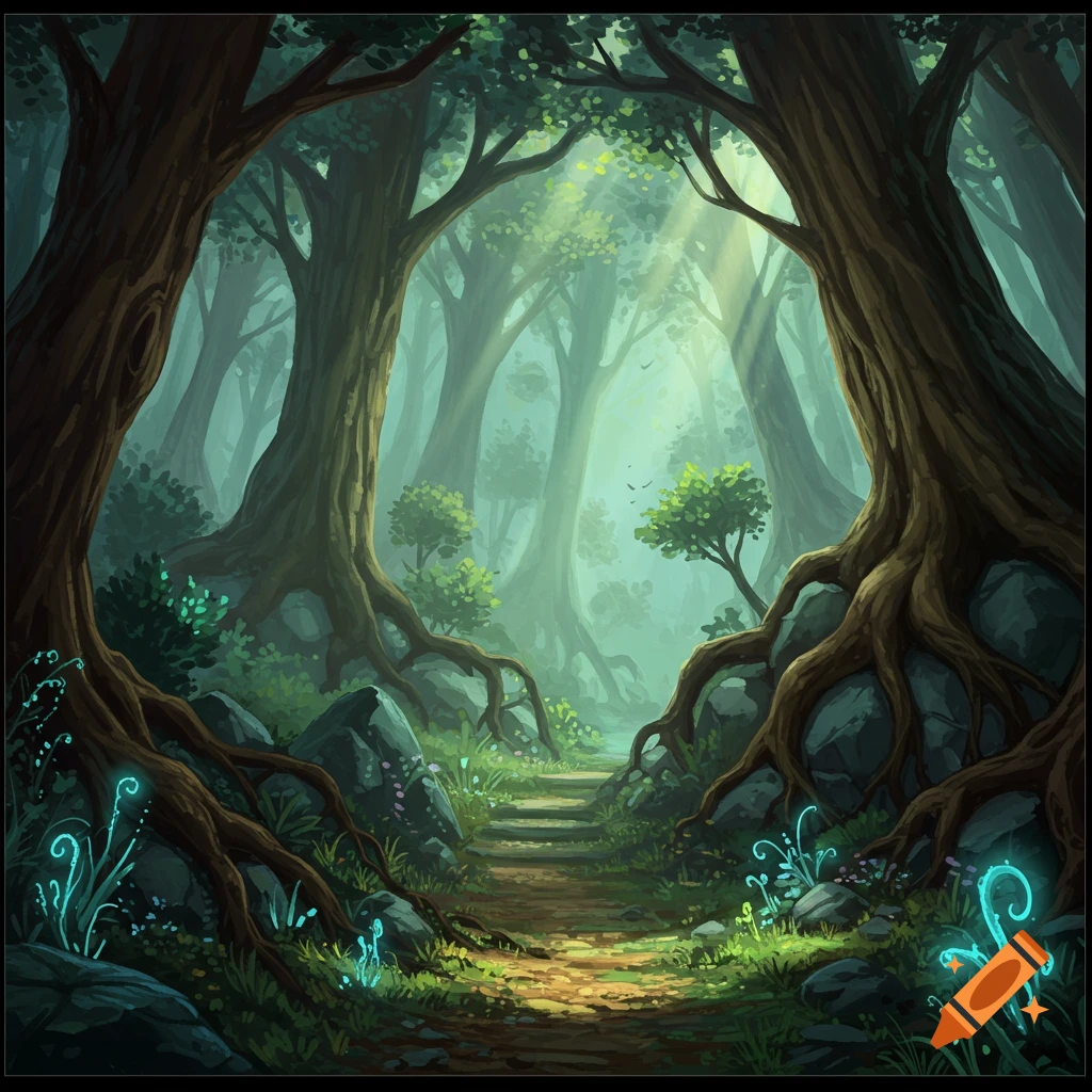 A mystical forest path winds between gnarled trees with glowing blue plants