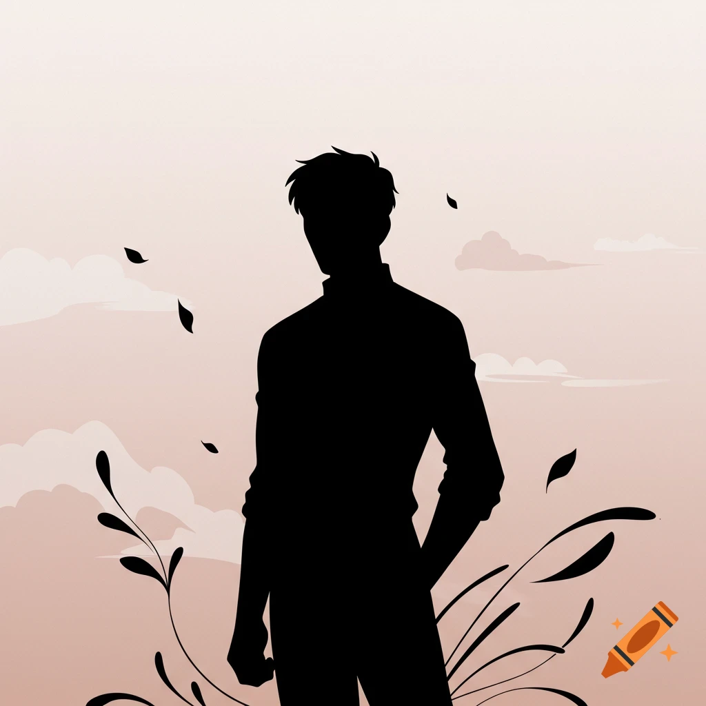 Silhouette illustration of a man against a soft sky, surrounded by leaves and plants.