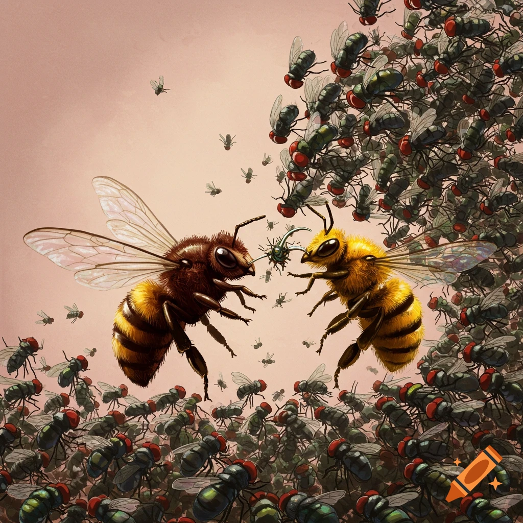 Two bees face off against a large swarm of flies in an illustration.