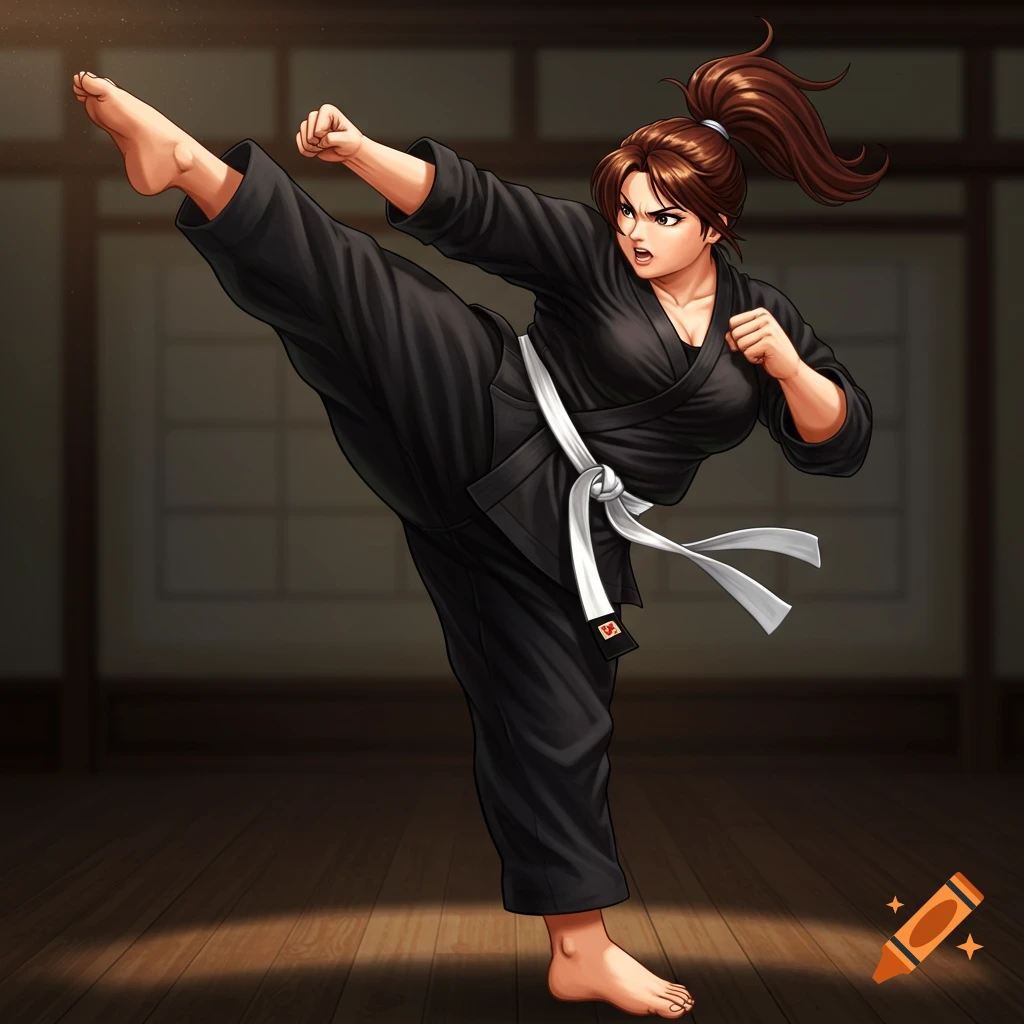 Illustration of a woman in a black karate gi doing a high kick in a dojo.