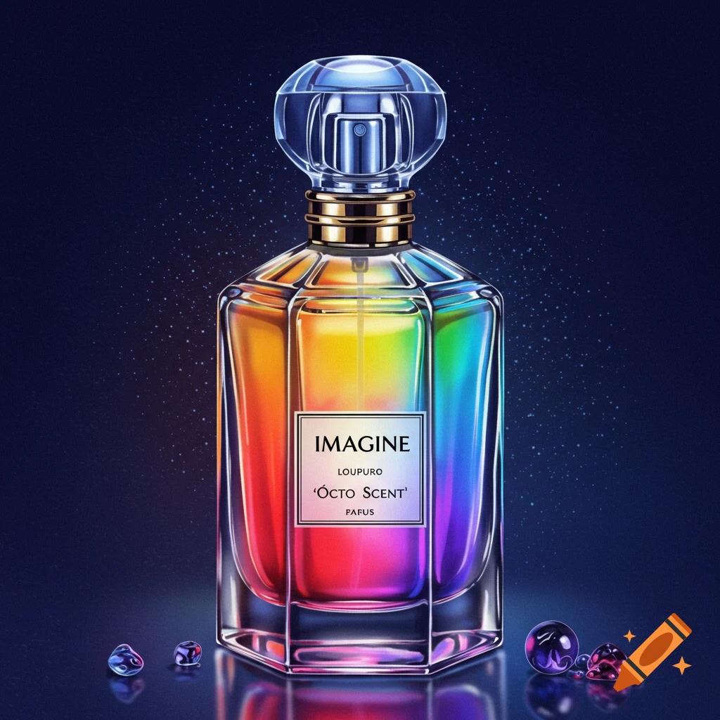 Perfume bottle with rainbow liquid and crystal cap on dark background with sparkling light.
