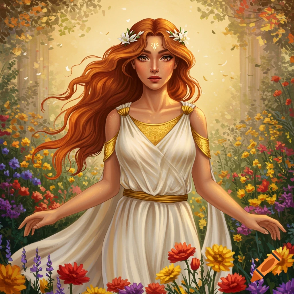 A woman with long red hair wearing a white and gold dress stands in a field of vibrant flowers with soft, warm lighting.