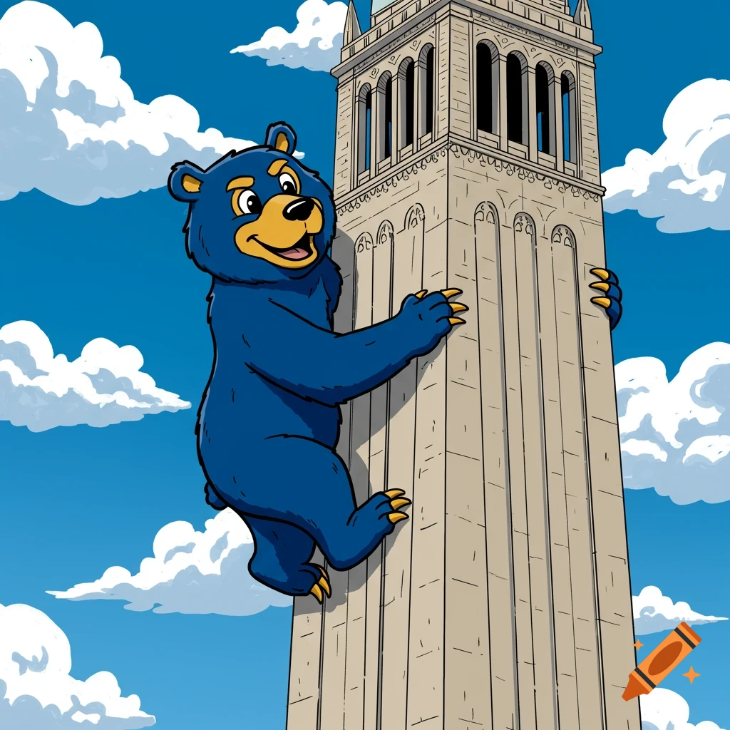 Berkeley Bear cartoon climbing Campanile