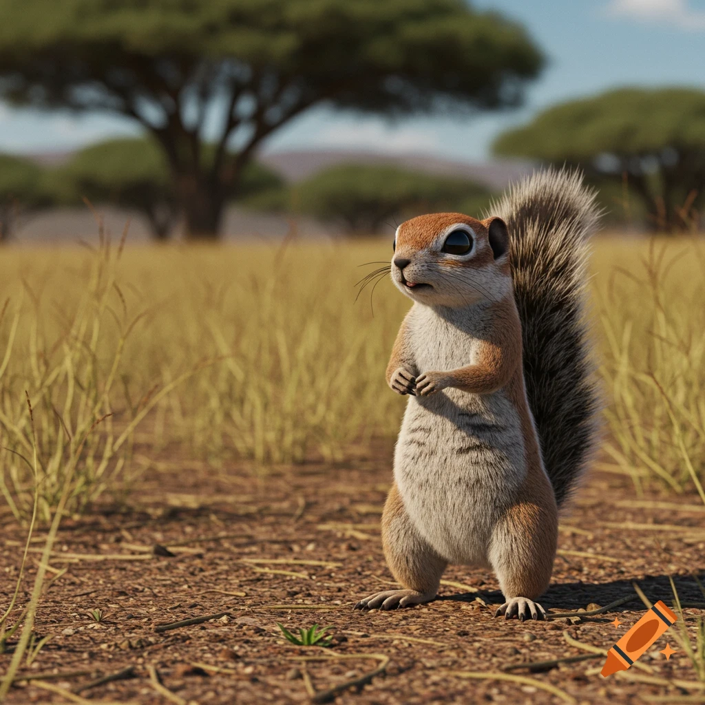 An African unstriped ground squirrel stands in a savanna, digital animation style.
