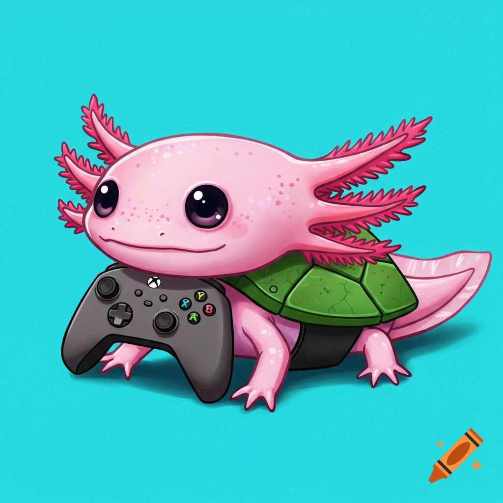 Cartoon axolotl wearing a turtle shell, holding an Xbox controller on a blue background.