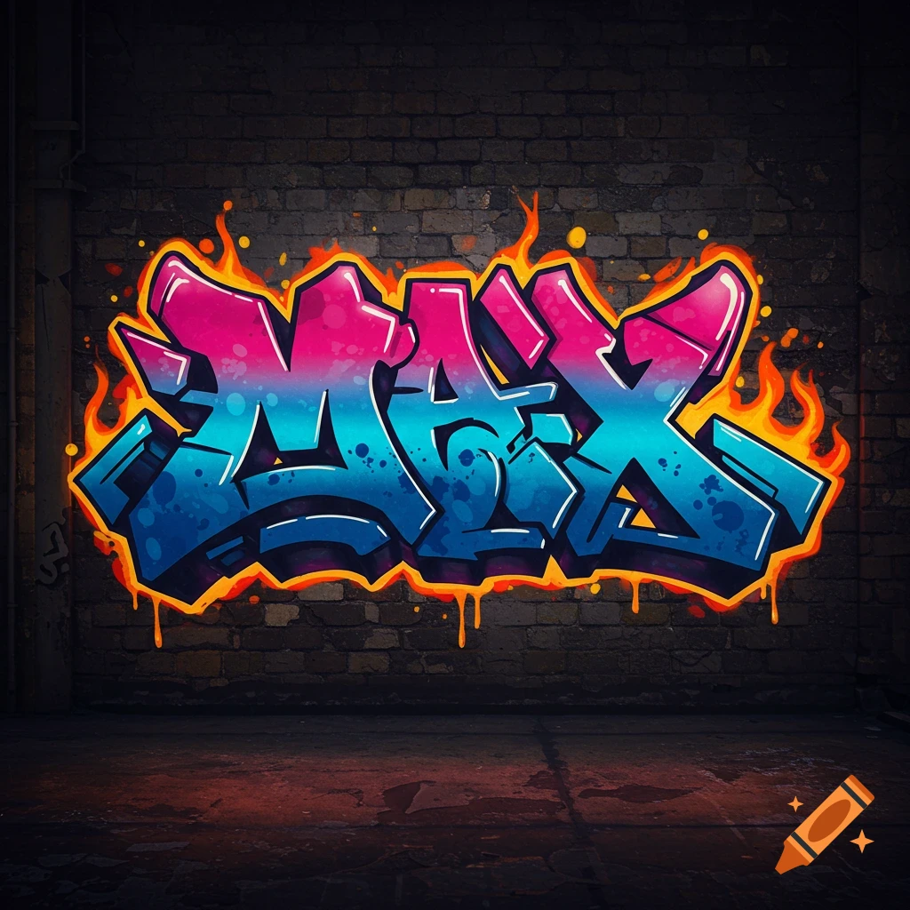Graffiti art of the word MAX in pink and blue with flames on a brick wall.