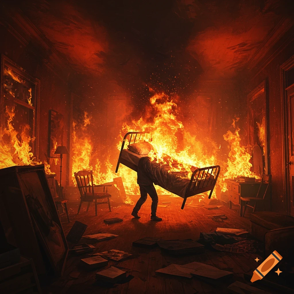 Figure carries a burning bed through a room engulfed in flames.