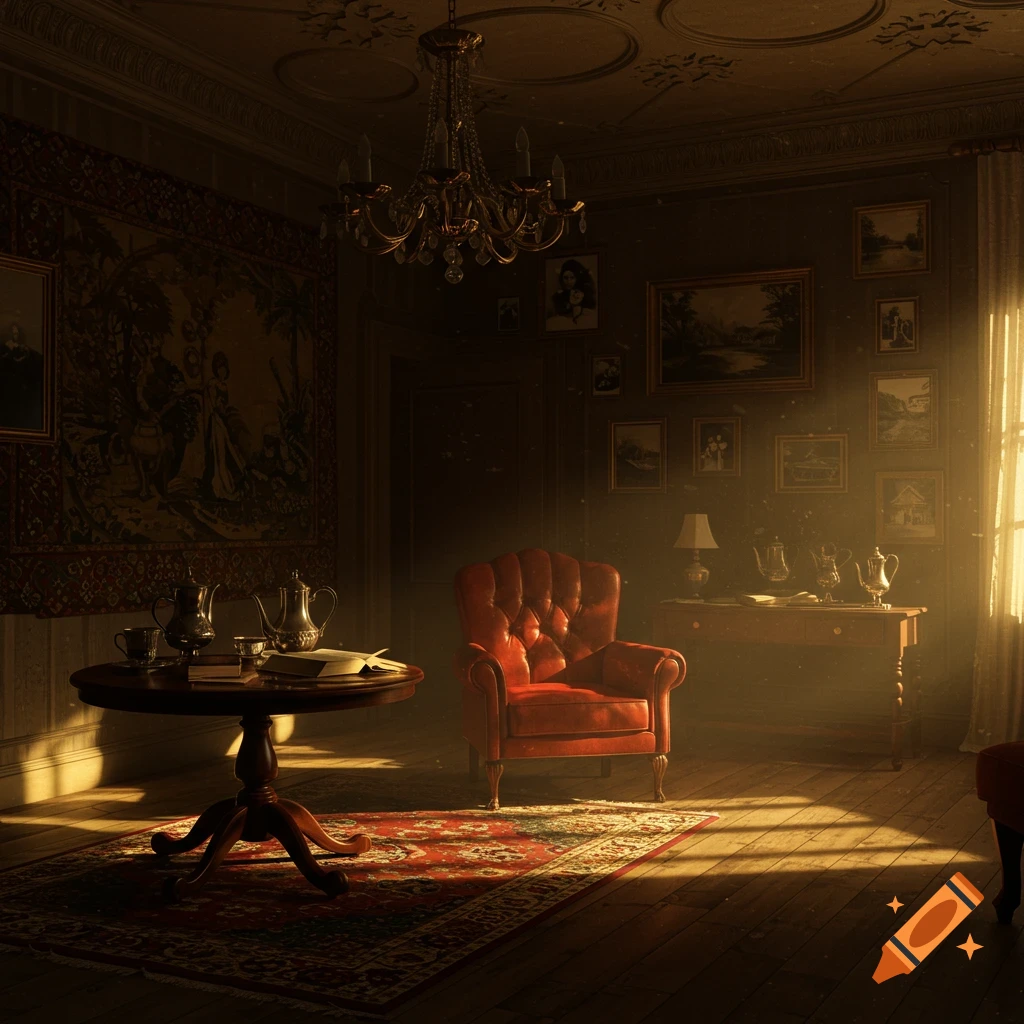 A warmly lit antique room with a red armchair, round table, and paintings on the wall, bathed in sunlight from a window.