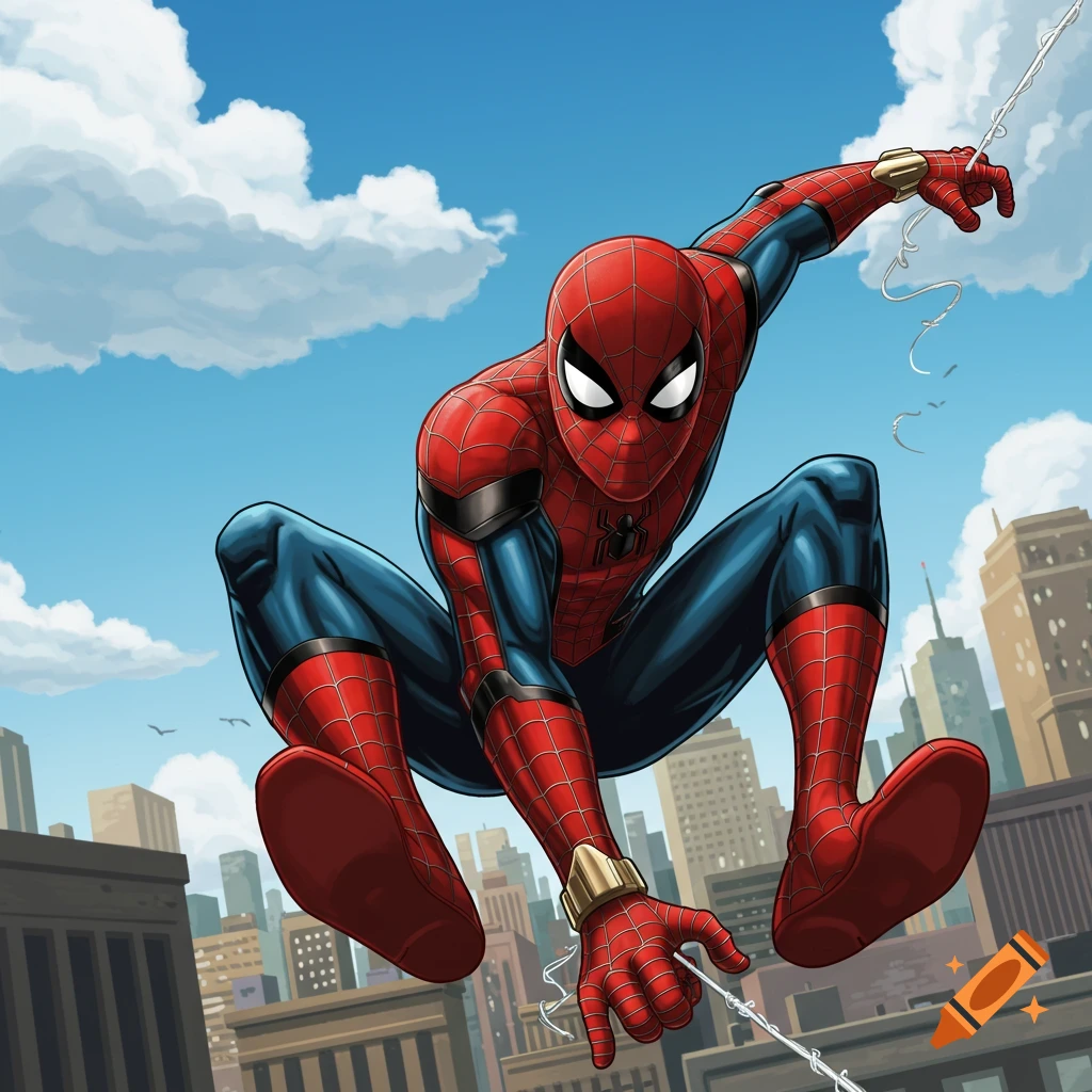 Spider-Man swings above city buildings in a dynamic comic book style illustration.