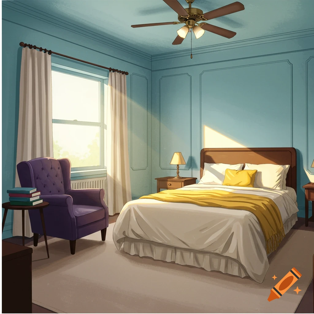 Illustrative view of a bright bedroom with a bed, purple chair, and window.