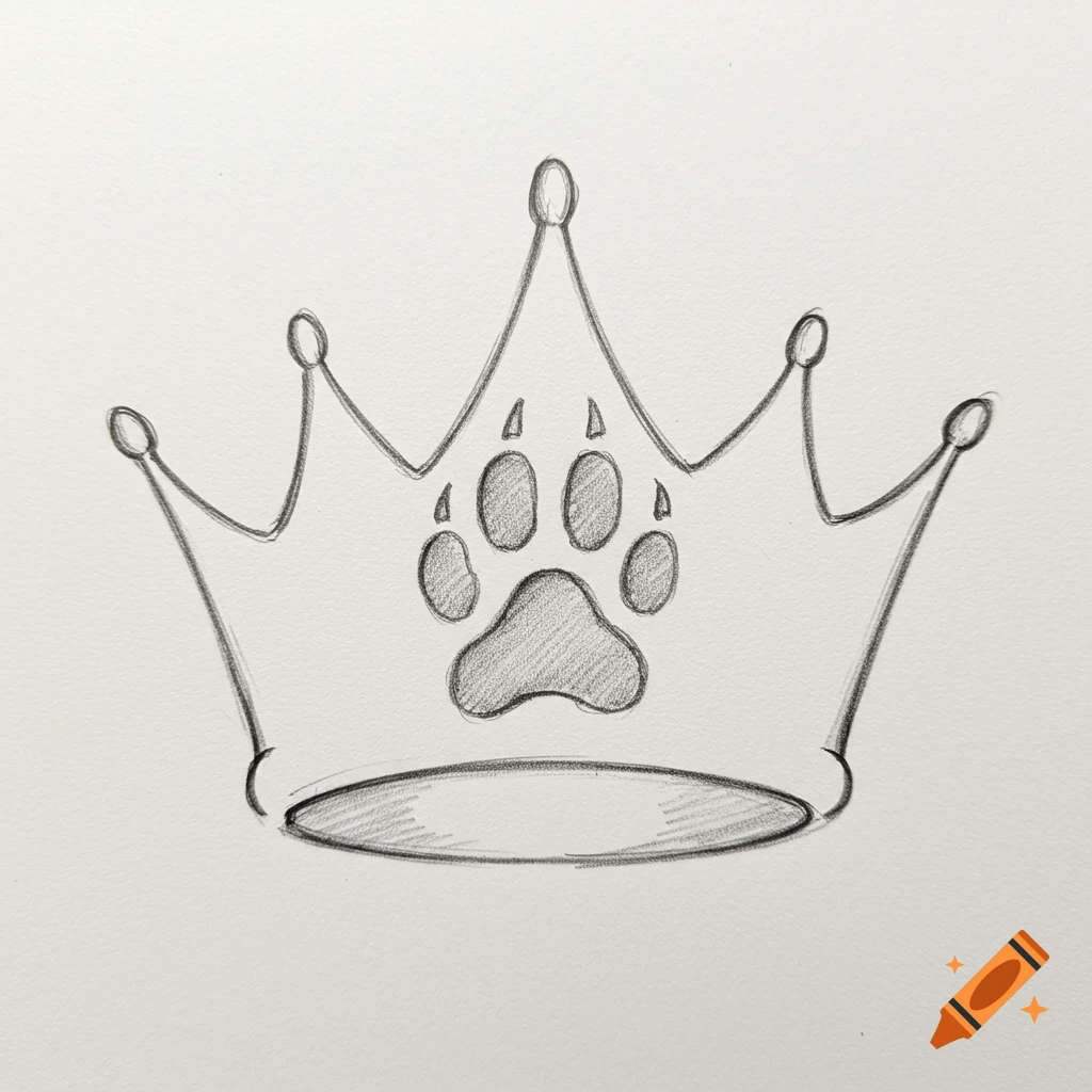 A simple pencil sketch of a crown with a pawprint inside.