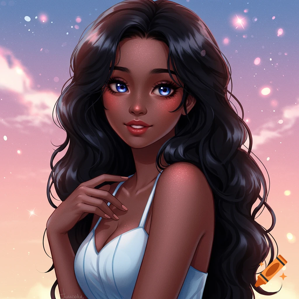 Anime portrait of a woman with dark skin and long dark hair against a sunset background