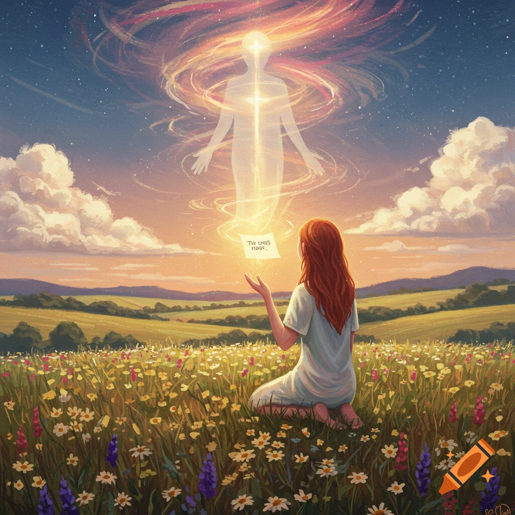 A woman kneels in a flower field, looking at a glowing ethereal figure in the sky.