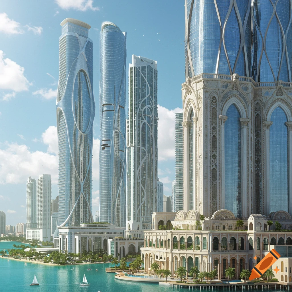 Photorealistic image of futuristic skyscrapers next to a Romanesque building by the water with sailboats