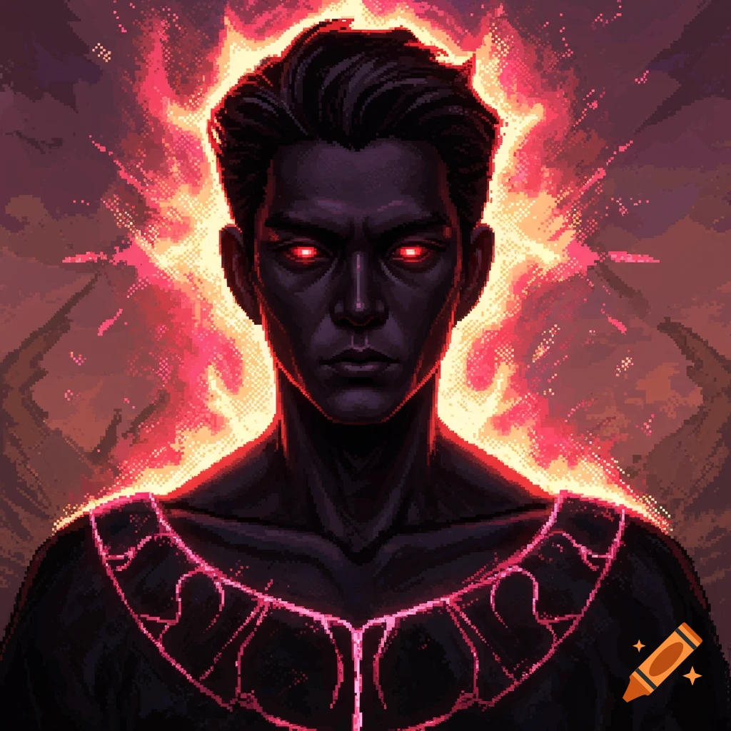 Pixel art portrait of a dark-skinned man with glowing red eyes and a red aura.