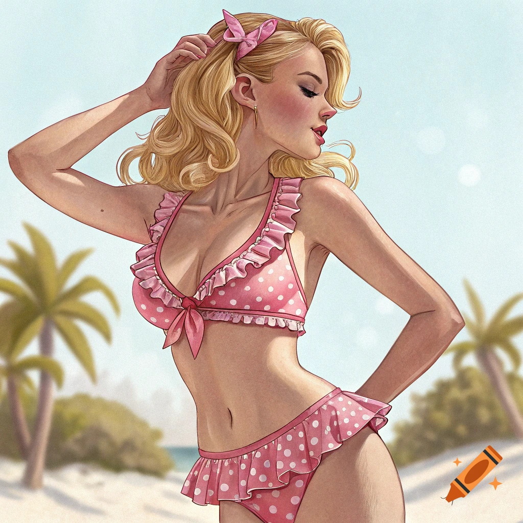 Stylized illustration of a blonde woman in a pink polka dot bikini on a beach.