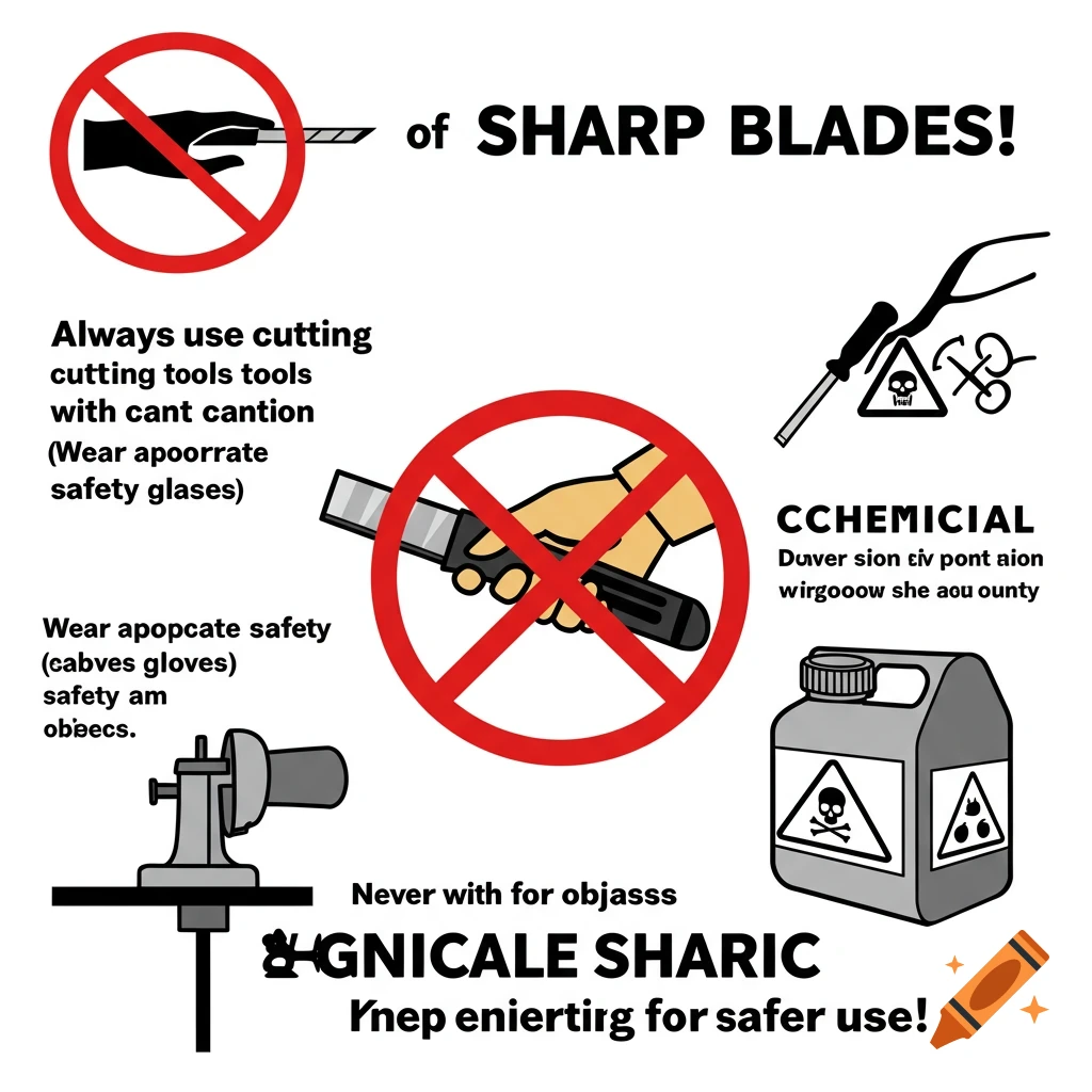 Engineering safety poster about sharp blades and chemicals