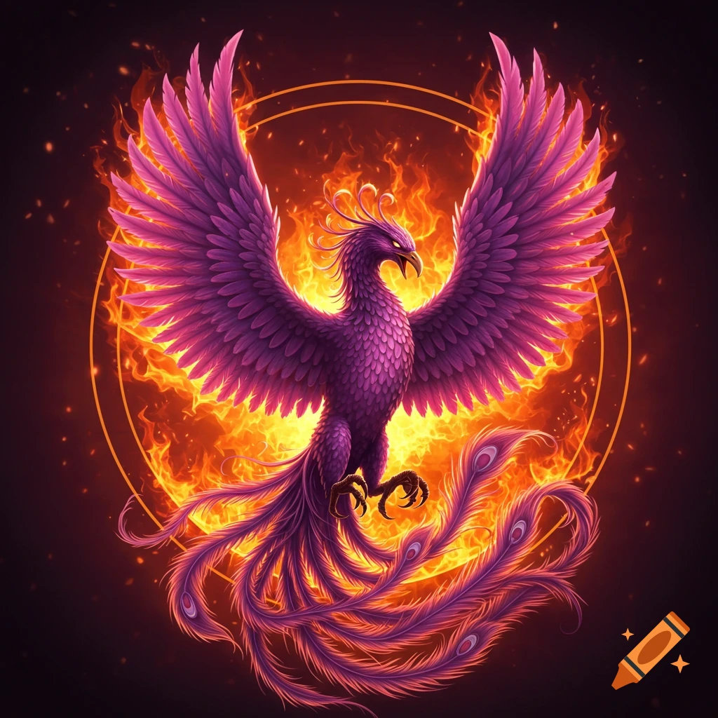A vibrant purple phoenix rises with fiery wings and tail feathers against a dark background, enclosed by a glowing circle.