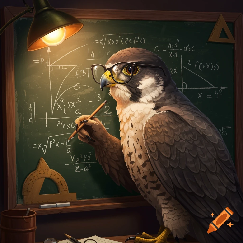 A falcon wearing glasses holds a pencil in front of a chalkboard with math equations.