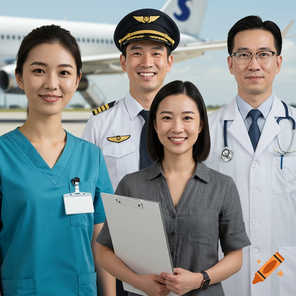A nurse, pilot, businesswoman, and doctor stand together in front of an airplane.