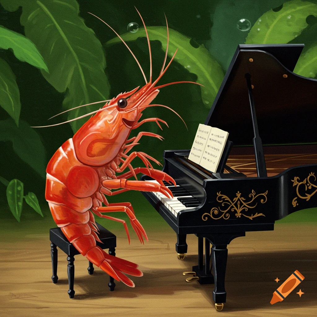 A large red shrimp sits on a stool playing a grand piano with sheet music.