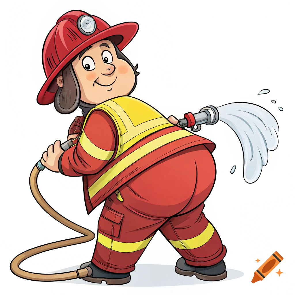 A cartoon illustration of a cheerful fireman in uniform holding a water hose.