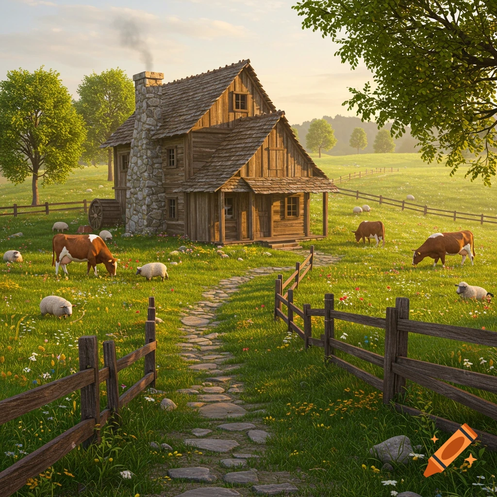 A rustic wooden house with a stone chimney sits in a green field with sheep and cows grazing. A stone path leads towards the house.