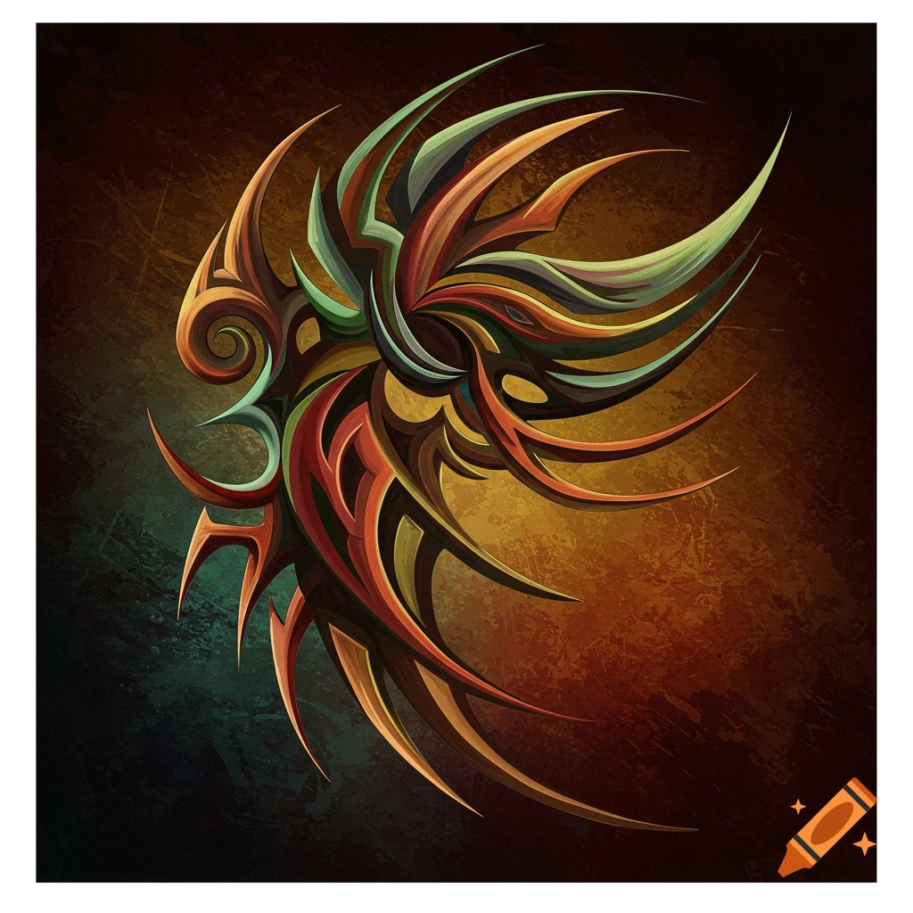 Abstract neo tribal design in shades of orange, green, red, and brown.