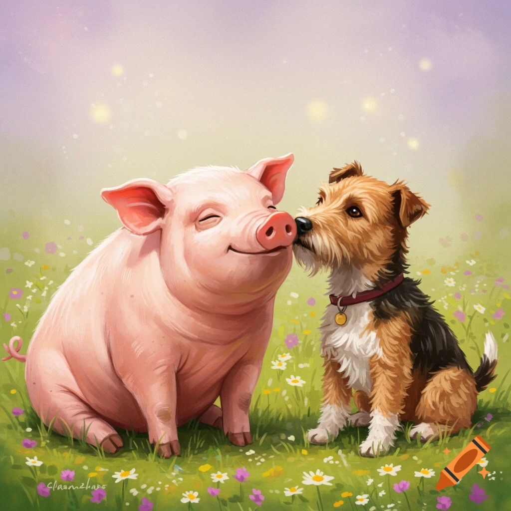 An illustration of a pig and a dog sniffing noses in a field of flowers.
