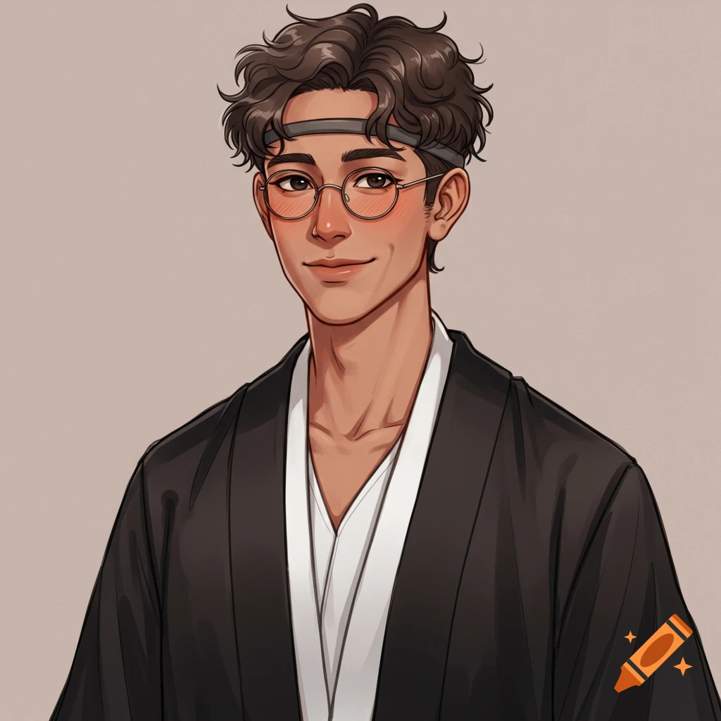 Illustration of a smiling young man with wavy hair, glasses, headband, and a black robe.