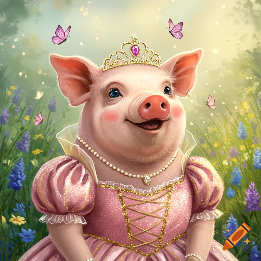 A cute pig wears a pink princess dress and a bejeweled tiara while standing in a field of colorful flowers with butterflies.