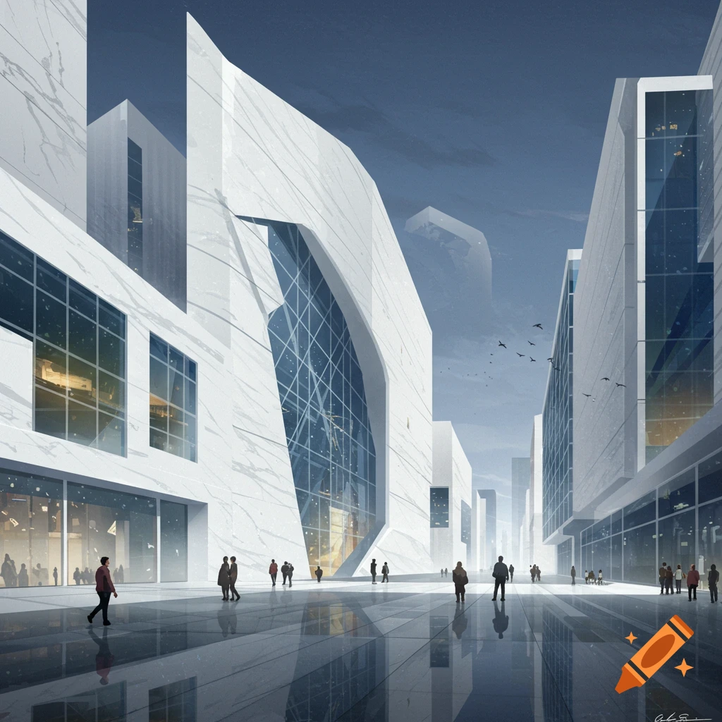 Futuristic city with avant-garde white marble and glass buildings, people walking on a reflective plaza.