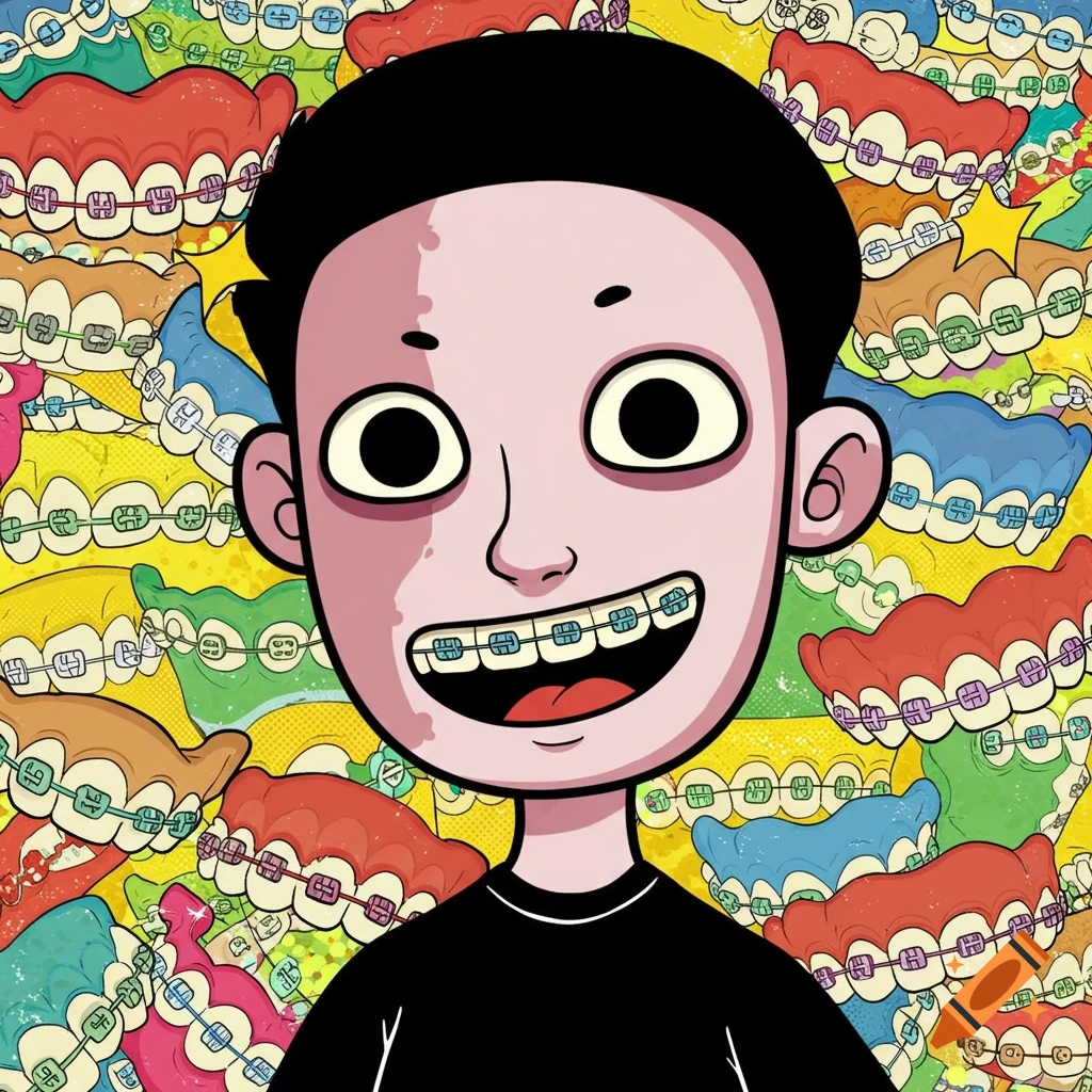Cartoon character with braces smiling, against a pattern of colorful mouths with braces.