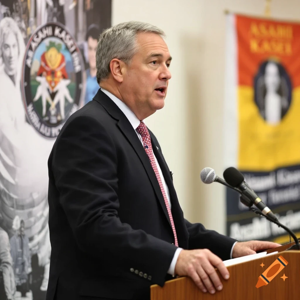 Side profile photo of a man in a suit speaking at a podium with banners behind him.
