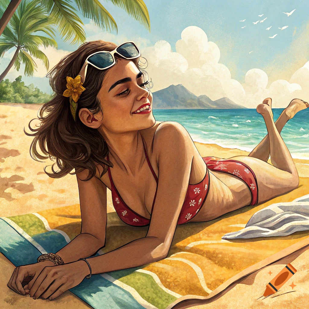Illustration of a woman sunbathing on a beach towel on a sandy beach.